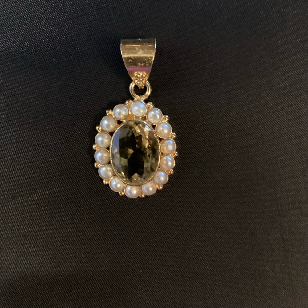 Smoky Topaz and Pearl 925 Gold Tone Pendant